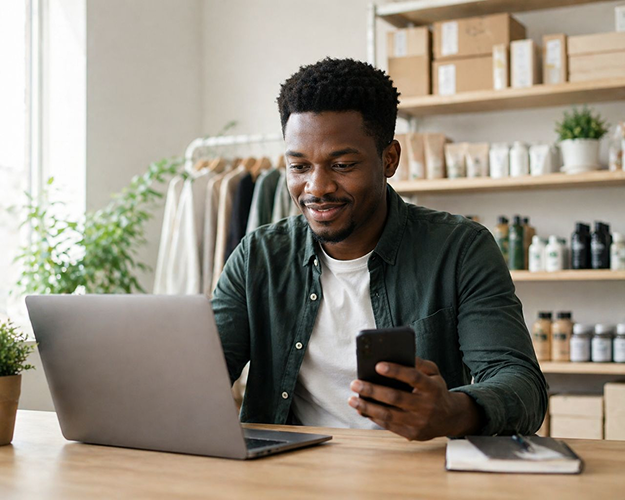 Happy business owner using laptop